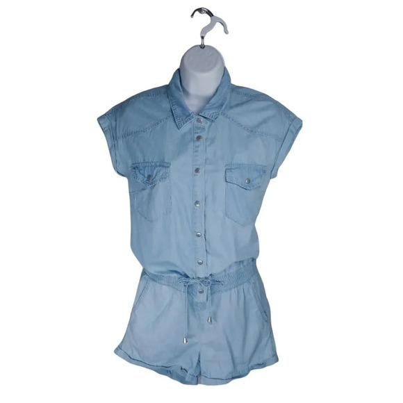 Revamped by Sirens Denim Romper Jumpsuit Blue Cuffed Leg XS - Picture 1 of 8